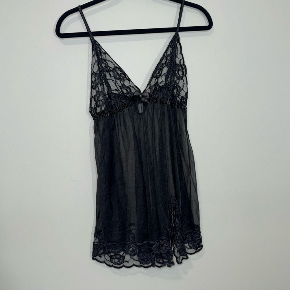Fredericks of Hollywood Black Sheer Lace Babydoll Chemise Lingerie Large